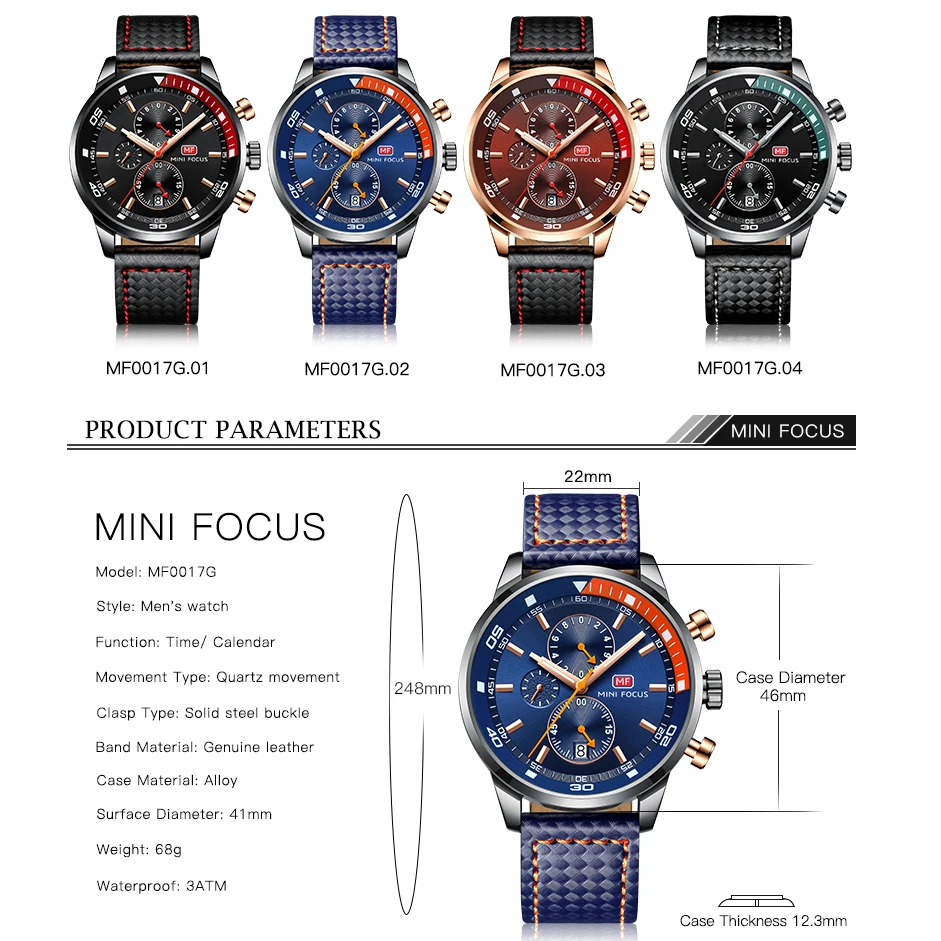 MINI FOCUS Luxury Sports Brand Men Chronograph Military Watches Men's Quartz Watch Leather Clock Male Watch Relogio Masculino