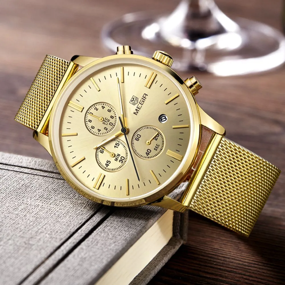 Fashion Men's Casual Quartz watch stainless steel mesh band gold watch