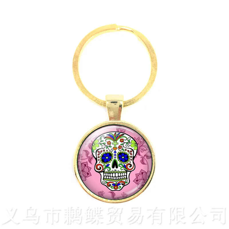 

Mexico Candycolor Skeleton Keychains Glass Dome Time Gem Hot Sale Keyring Personalized Jewelry Day of the Dead Gifts