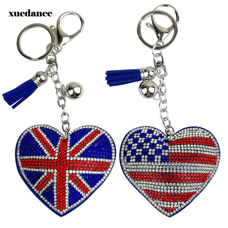 

new creative british and american flag pattern keychain with filled rhinestone fashion bag pendant