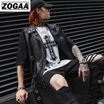 

ZOGGA 2019 Spring Men Vest Night Club Rock Punk Locomotive Leather Vest Solid Black Vest Men with Hole Male Leisure Street Wear