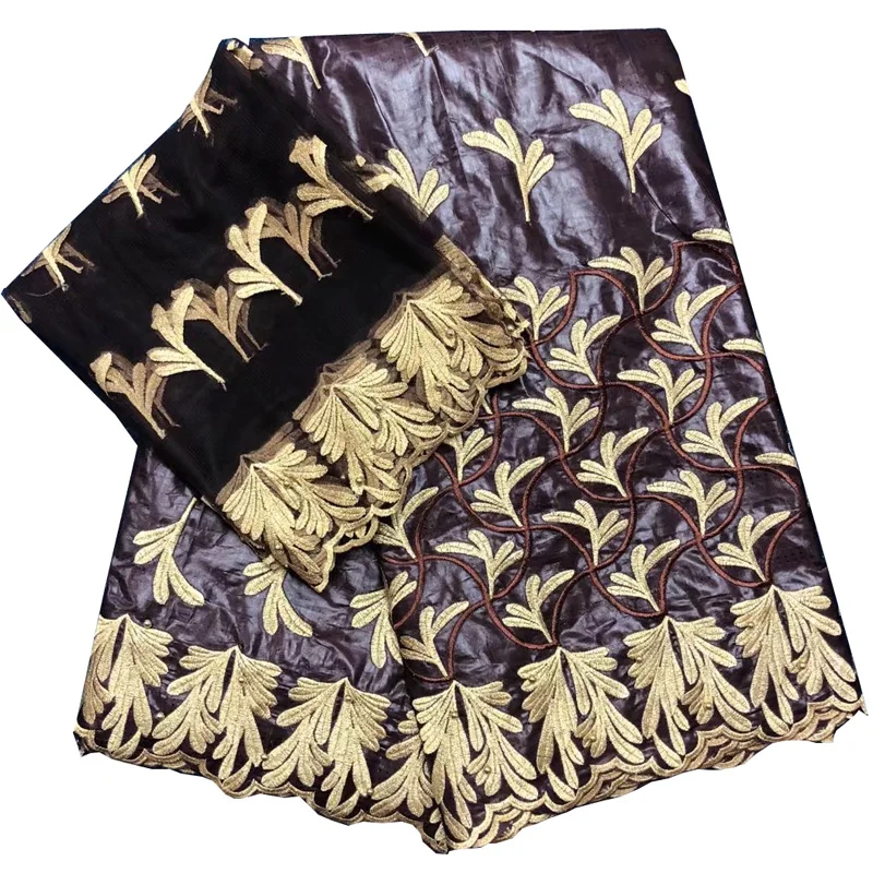

(5+2 yards /set) Coffee brown African bazin lace fabric with gold embroidery and beads plus French lace for party dress BLX17