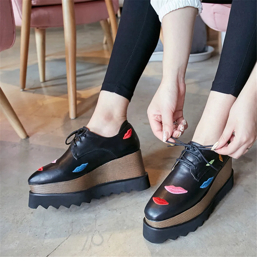 Lapolaka New Big Size 33-42 Embroider Lips Genuine Leather Ladies Wedges Platform Shoes Woman Casual Autumn Flats