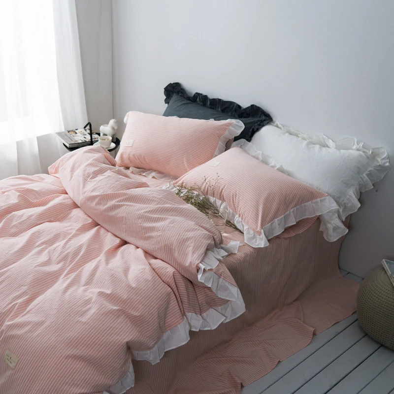 Korean Pastoral Style Cotton Bedding Lotus Leaf Edge White Lace Ruffled