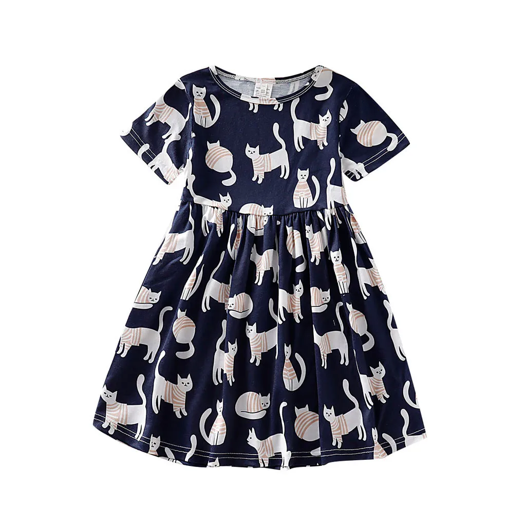 

2020 Hot Sale Girls Baby Short Sleeve Cat Dress Cartoon Print Princess Dress Casual Children's Clothing Kids Outfit #LR1