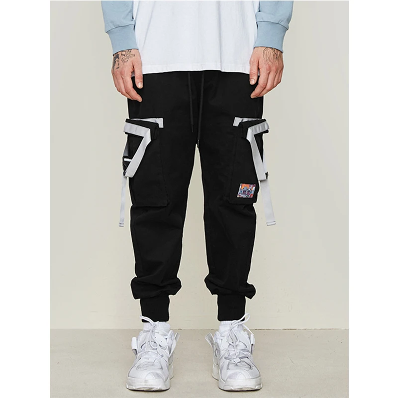 

UNCLEDONJM Side Eye-splice Tape Hip Hop Sweat Pants Multi Pockets Trousers Sweatpants Streetwear Men Joggers Cargo Pants 053W