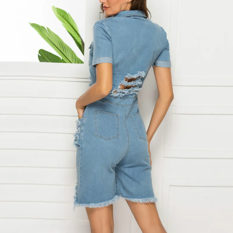Neploe Fashion on Solid Fashion Cowboy Jumpsuits Sexy Button Washable Water Button Bodysuits Casual Ins Playsuits 45461