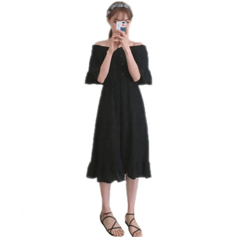 

Plus Size 4XL Female Summer Chiffon Loose Casual Dresses For Women Butterfly Sleeve Ruffles Ladies Solid Slash Neck Dresses P116