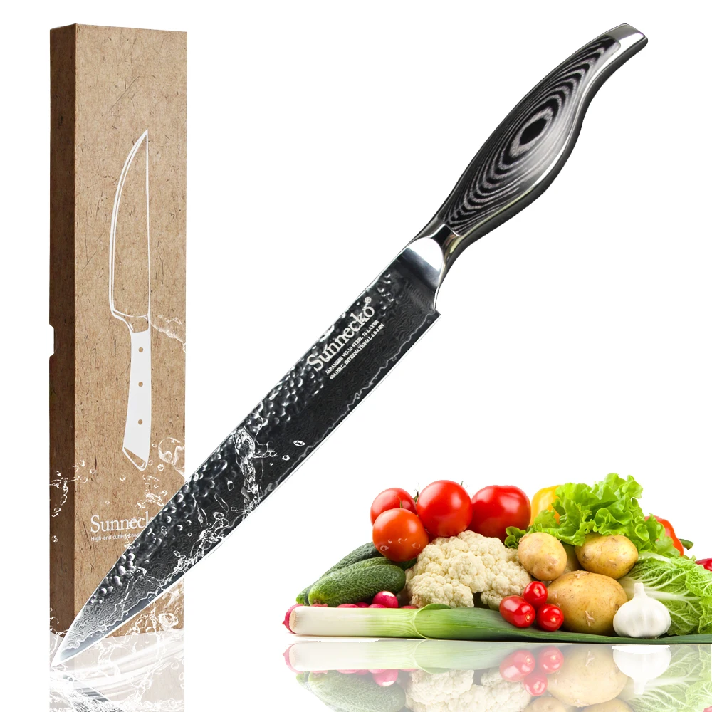 

Sunnecko Damascus 8" Slicer Knife 73 Layers Kitchen Knives Sharp Cleaver Knife Tool Japanese VG-10 Steel Blade Pakka Wood Handle