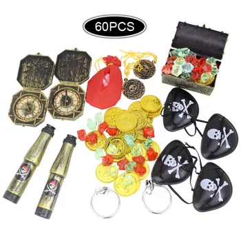 

Besegad Kids Pirate Party Supplies Toys Gold Coins Compass Treasure Chest Box Telescopes Gems Eye Patches Earrings Medallions