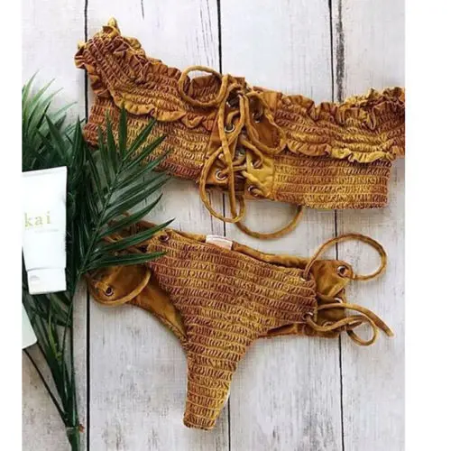 

Hot Summer Women Pleated Bandage Eyelet Lace Up Sexy Push-Up Padded Bra Top Bikini Set Swimsuit Bathing Suit Swimwear