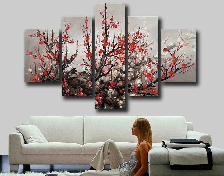 6381 5 De Réductionencadré Peint à La Main Moderne Grand Prune Rouge Fleur Fleur Fleur De Cerisier Peinture à Lhuile Sur Toile Wall Art