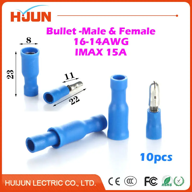 

10pcs/lot Bullet-Male & Bullet-Female Quick Disconnect Cable Wire Splice Insulation Terminal Connector 1.5-2.5mm2 16-14AWG 15A