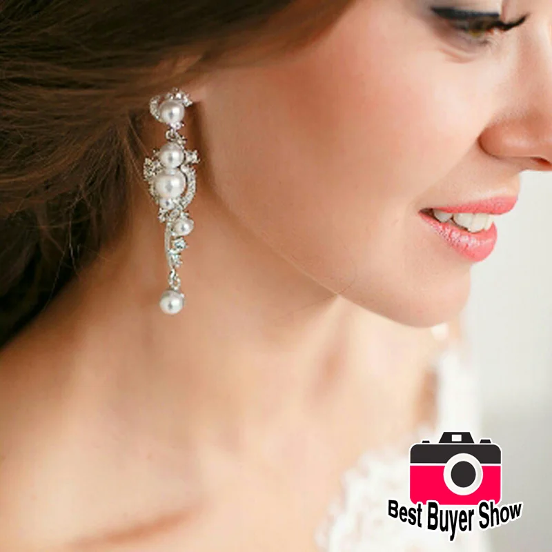 Женские сережки с жемчугом OCESRIO Серебристые Длинные свадебные серьги