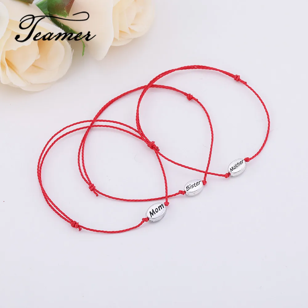 

Teamer Simple Rope Bracelet Family Accessories Gifts Mom Mother Sister Letter Charm Bracelets Adjustable Red Cord
