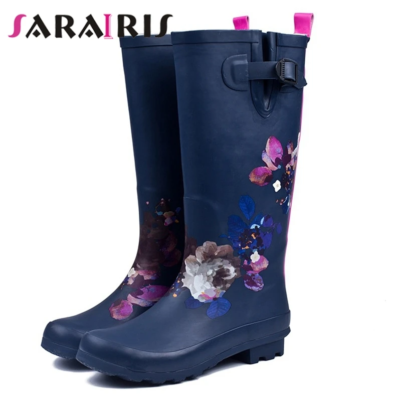 

SARAIRIS 2019 Spring Autumn Dropship Big Size 35-42 Women Print mid-calf Rain Boots Waterproof Wholesale Low Heel Rubber Boots