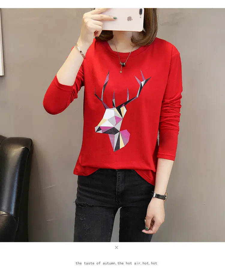 2019 Autumn Cotton T-Shirts Deer Printed Tshirts Women Leisure Long Sleeve White T-shirt Female Tops Tees Large Size M-5XL  (4)
