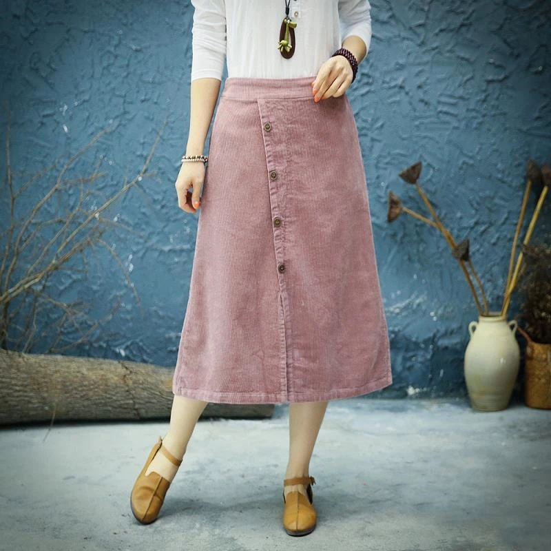 Вельветовая необычная пуговица Женская винтажная трапециевидная юбка Мори для девушки осень