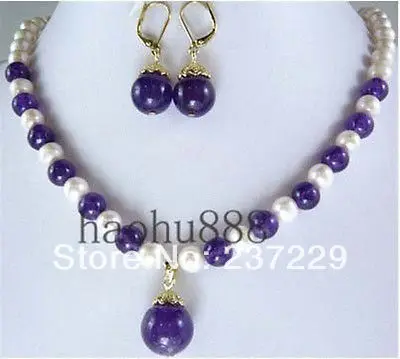 

Wholesale price FREE SHIPPING aWomen's Jewellery bridai white pearl Purple jade Pendant necklace earrings set (A0423)