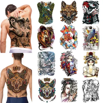 

48*35CM Large Tattoo Stickers New Designs Fish Wolf Buddha Waterproof Temporary Flash Tattoos Full Back Chest Body For Men Women