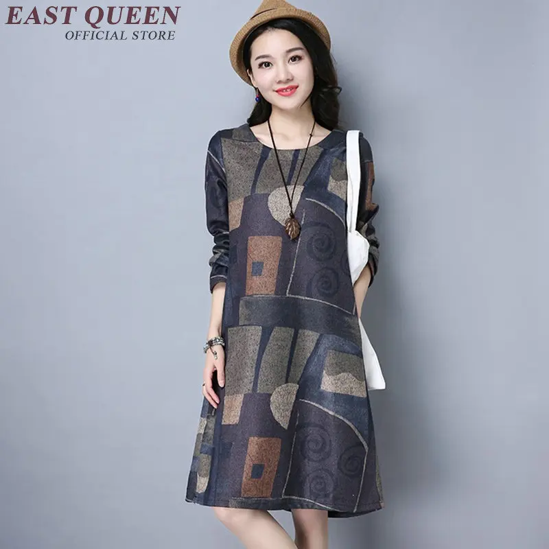 Женские Китайские Восточные платья женские летние платья Летние цветочные печати винтажные с длинным рукавом KK279