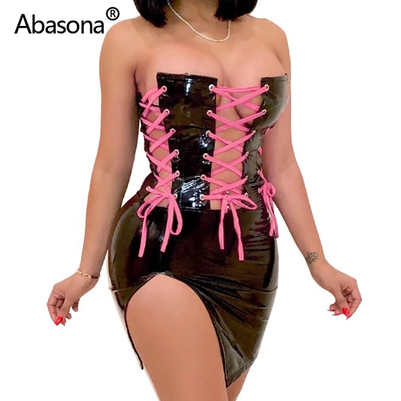 

Abasona PU Leather Lace Up Sexy Night Club Dress Split Strapless Bodycon Mini Party Dresses Zipper Backless Women Summer Dress
