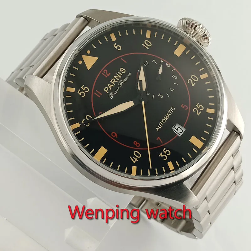 

Big 47mm Parnis Black Dial Orange Marks Stainless steel Deployment Clasp belt Automatic Mechanical men's Watch E2621