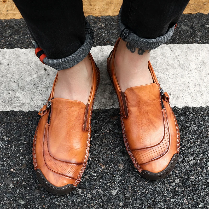 BIMUDUIYU Handmade Genuine Leather Shoes Men Luxury Brand Casual Moccasins Men Fashion Loafers Slip on Rubber Flats Zip opening BIMUDUIYU Handmade Genuine Leather Shoes Men Luxury Brand Casual Moccasins Men Fashion Loafers Slip on Rubber Flats Zip opening