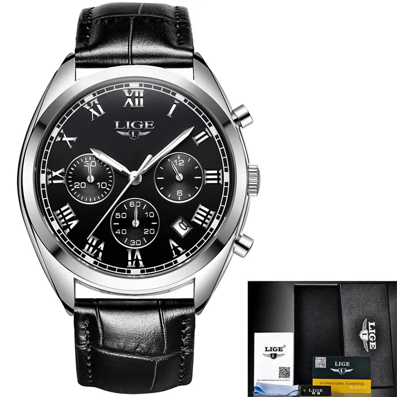 Мужские спортивные часы Relogio LIGE, водонепроницаемые аналоговые кварцевые мужские часы с хронографом и датой, деловые часы для мужчин, reloj hombre - Цвет: Silver black leather