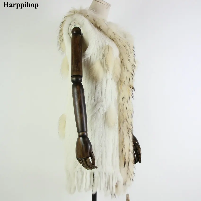 Harppihop* женский жилет из натурального кроличьего меха с капюшоном, модный воротник из меха енота, жилеты, теплый длинный жилет из натурального меха