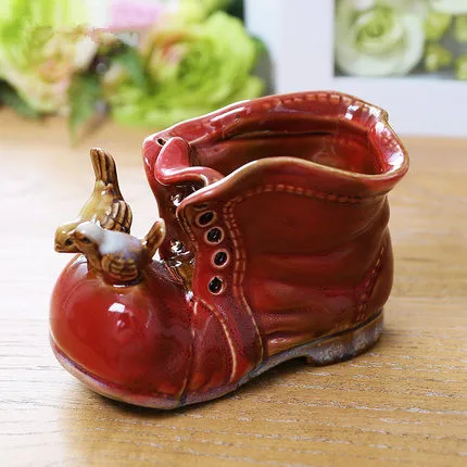 

handmade big head shoe shape ceramic creative pen holders multifunctional ornaments glazed vintage bird frog on shoe flower pot