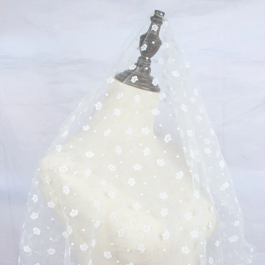 Удобная Мягкая сетчатая Флокированная сетчатая ткань с цветочным рисунком, украшенная снежным солнцем, листьями, сетчатая занавеска, свадебная одежда, вуаль, платье для девочек - Цвет: Crown WHITE