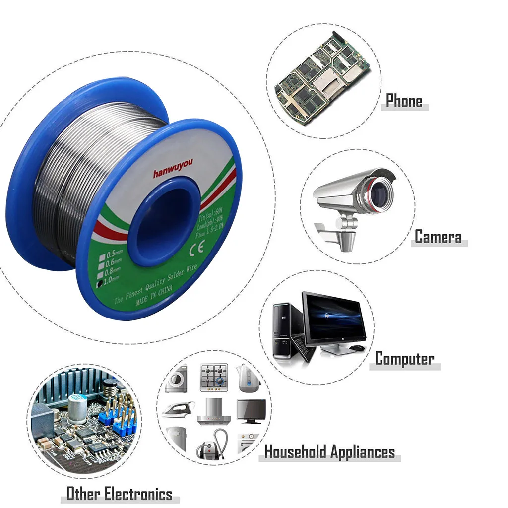 Промышленная проволока для припоя 63/37 55 г 1,0 мм/0,8 мм 2,0-2.3% Флюс Канифоль сердечник сварочный оловянный свинец