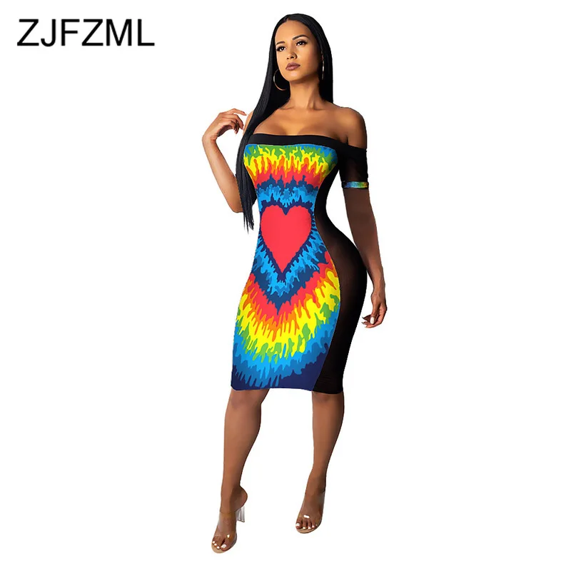 

Rainbow Tie Dye Sexy Plus Size Dress Women Slash Neck Short Sleeve Club Party Dress Summer Mesh Patchwork Backless Bodycon Dress