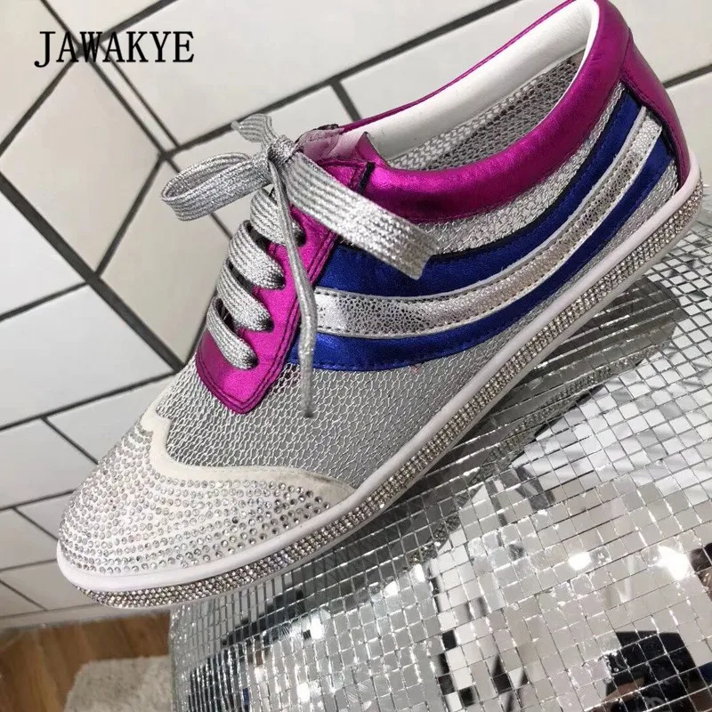 

2018 Rhinestone Mesh Loafer Shoes Woman Round Toe Mixed Color Lace-Up Flat Casual Shoes Summer For Women
