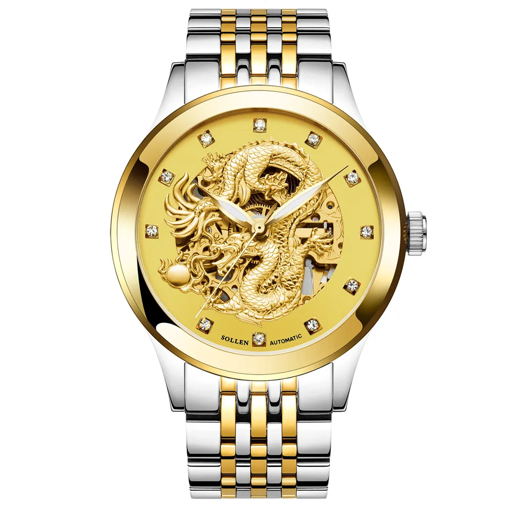 

2017 Dragon Skeleton Automatic Mechanical Watches For Men Wrist Watch Stainless Steel Strap Gold Clock Waterproof Mens Relogio