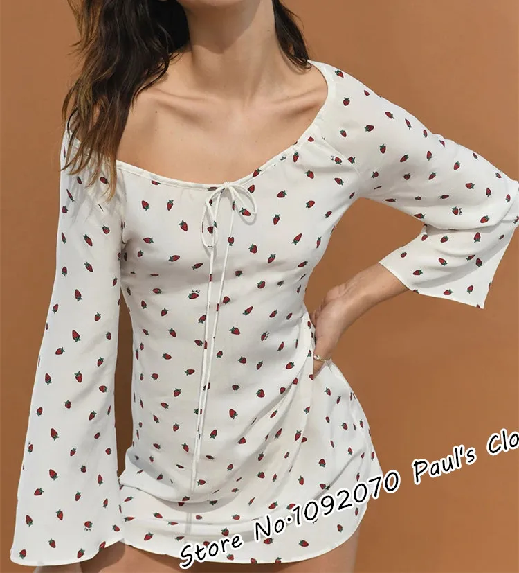 

Women Silk Flared Sleeves Luna White Strawberry Dress Drawstring Neckline Long sleeve Shift Dress