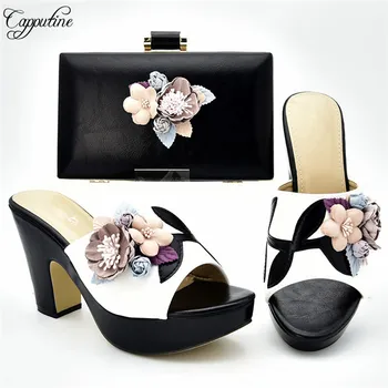

Amazing black and white party set high heel shoes and handbag set deocrated with flower 333-1, heel height 10.5cm