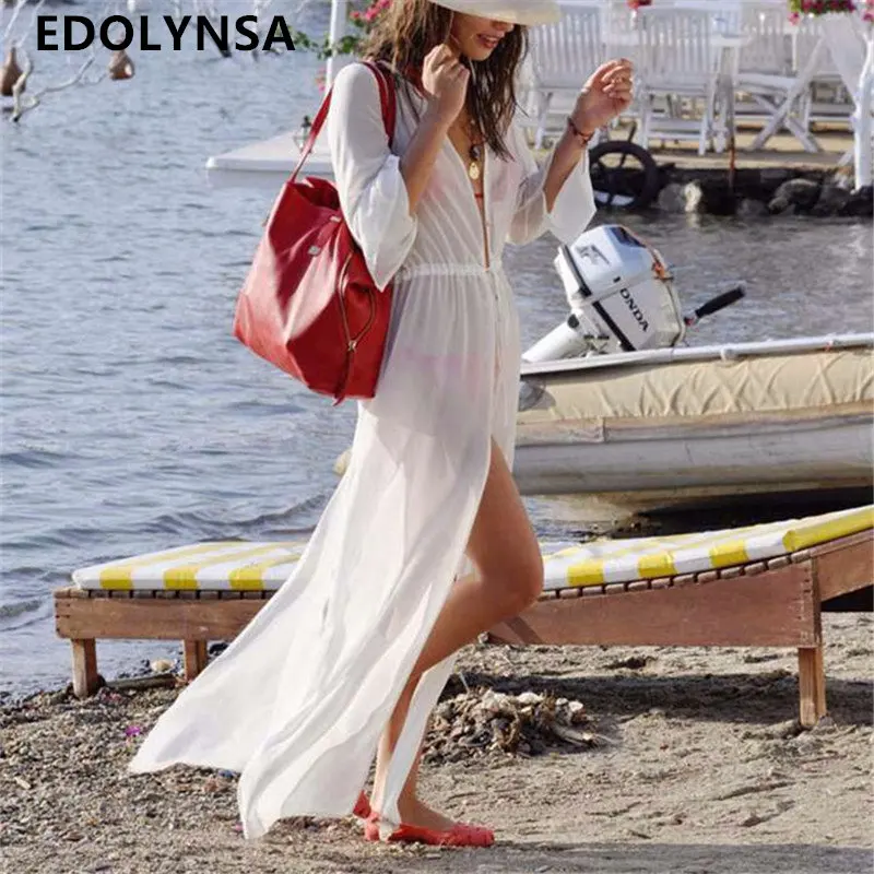 

New Arrivals Beach Cover up White Chiffon Translucent Swimwear Ladies Beach Cape Sun Bath Sexy Beach Tunic Praia Beach Wear #Q9