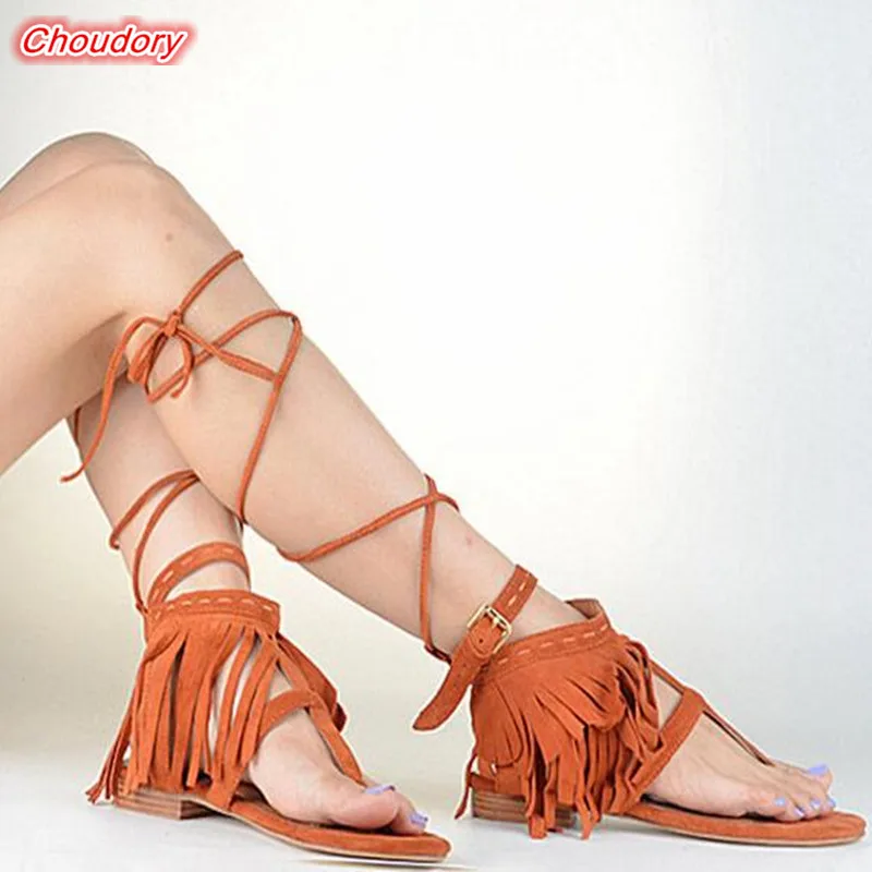 

Fringe Cross-tied Women Sandals Rome Flip Flop Ankle Buckle Gladiator Shoes Women Riband Flower Flat Low Heels Women Casual Shoe
