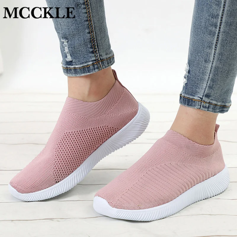 Comprar Las mujeres zapatillas de deporte de malla de aire suave de punto femenino zapatos vulcanizados zapatos Casual Slip On zapatos planos de las señoras caminar calzado envío caída