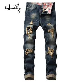 

HMILY Mens Jeans Size 28 28 42 Big Tall Men's Designer Denim Ripped Holes Distressed Man Jeans All-match Male Jeans