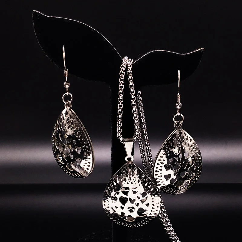 

2019 Fashion Heart Stainless Steel Jewelry Sets Women Silver Color Earring Necklace Nigerian Jewelry Set for Women S176161