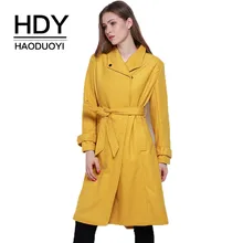 HDY Haoduoyi Brand 2017 Women Yellow Casual Trench Coat Classic Tie Front Long Sleeve Blazer Style Belt Waist Female Outwears raglan sleeve self tie waist coat