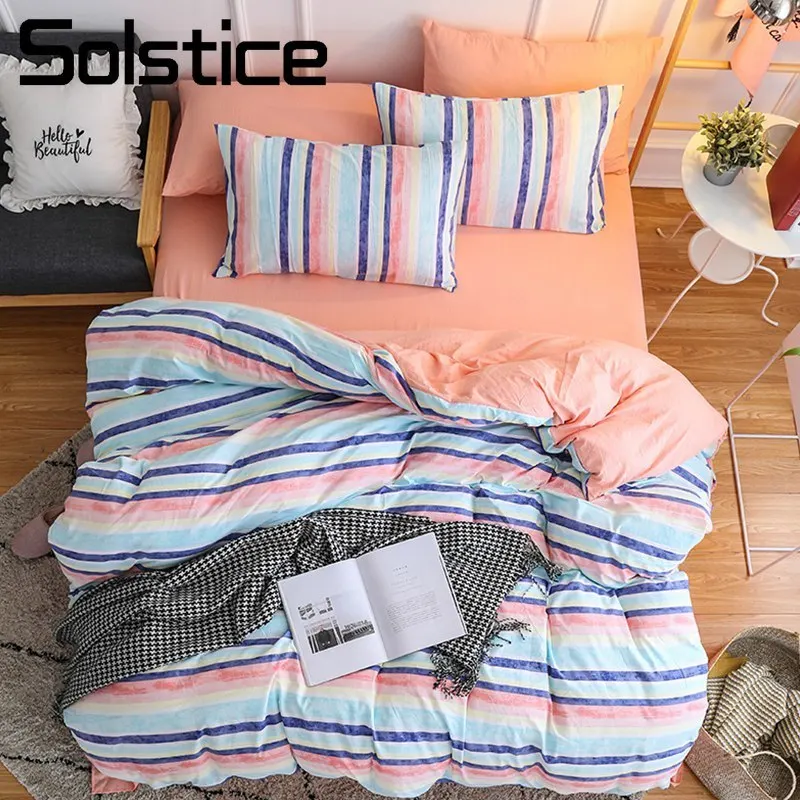

Solstice Home Textile Girl Kids Bedding Set Orange Pink Colorful Stripe Duvet Cover Bed Sheet Pillowcase Woman Teen Linen 3/4Pcs