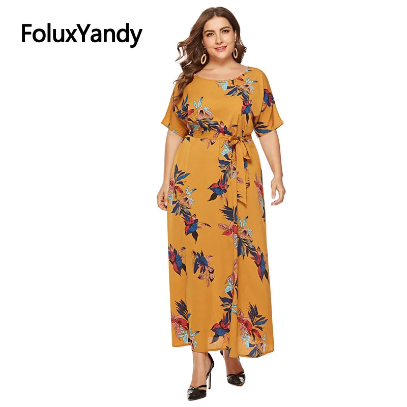 

Sashes Short Sleeve Summer Dress Women Vestidos 2019 New Casual O-neck Ankle-length Print Long Dress SQQ1910