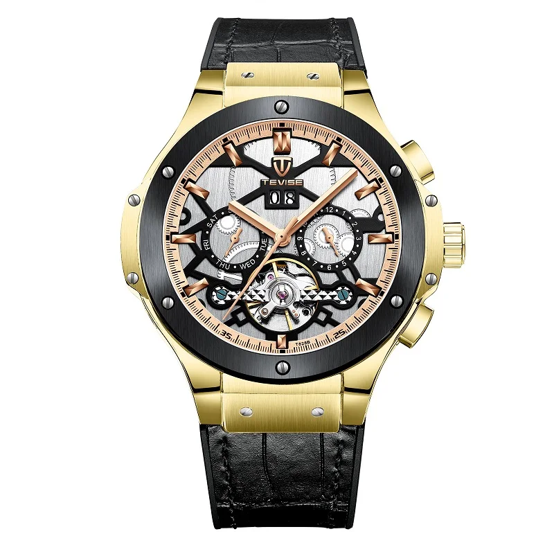 TEVISE наручные часы для мужчин s, большие мужские автоматические механические часы, мужские часы с календарем на неделю, месяц, мужские кожаные часы для мужчин T828B - Цвет: Gold