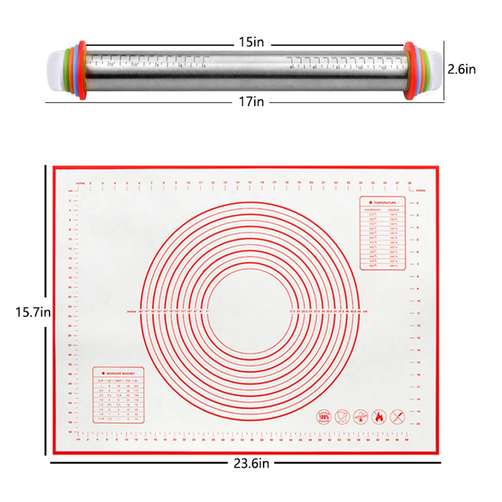 Kitchen Stainless Steel 17inch Adjustable Rolling Pin with Dough Mat Dough Roller with 4 Removable Adjustable Thickness Rings