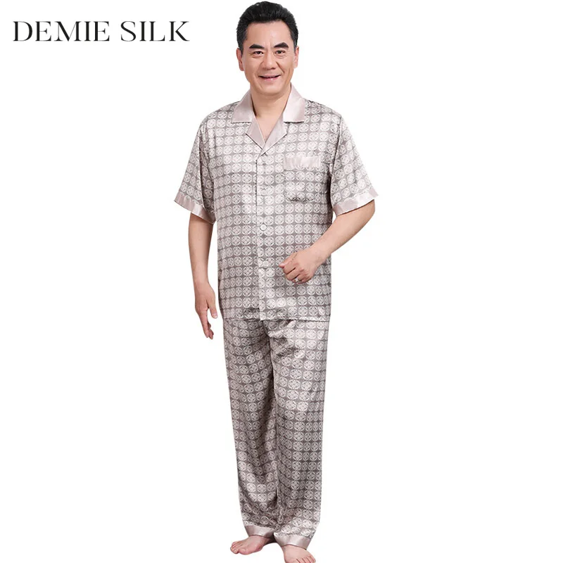 Demiesilk Men's Imitation Silk Short Sleeve Pajama Sets Long Sleep