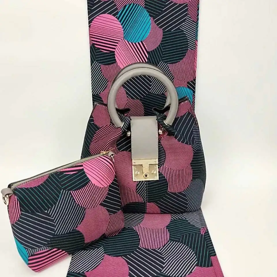 

6Yards Nice looking background hollandais wax printed pattern african big handbag set for party VB11